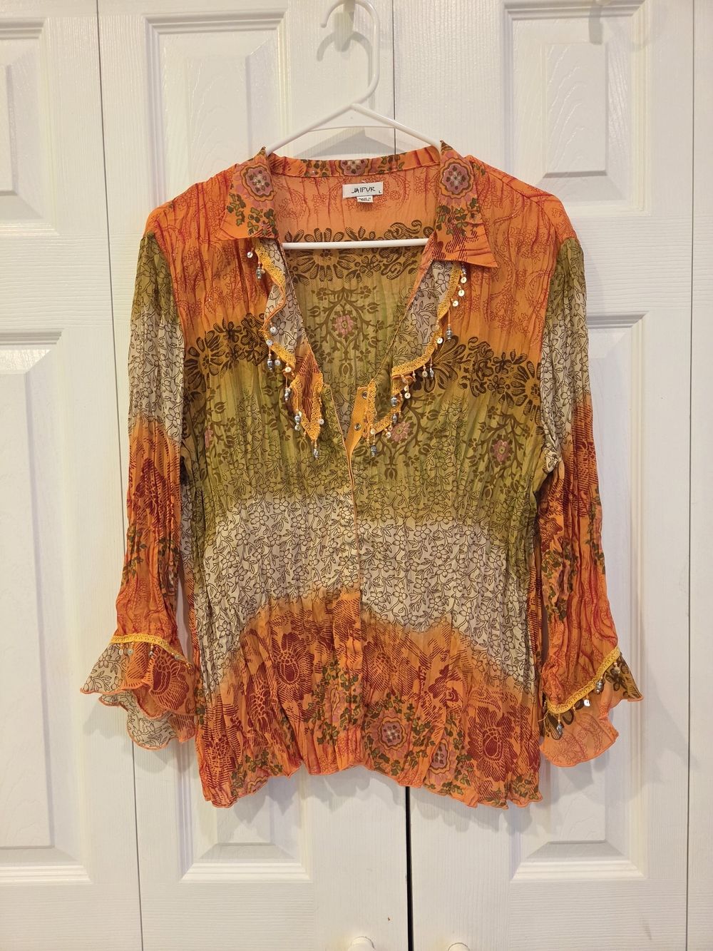 Vintage y2k Jaipur Orange and Olive Boho Beaded Crinkle Blouse